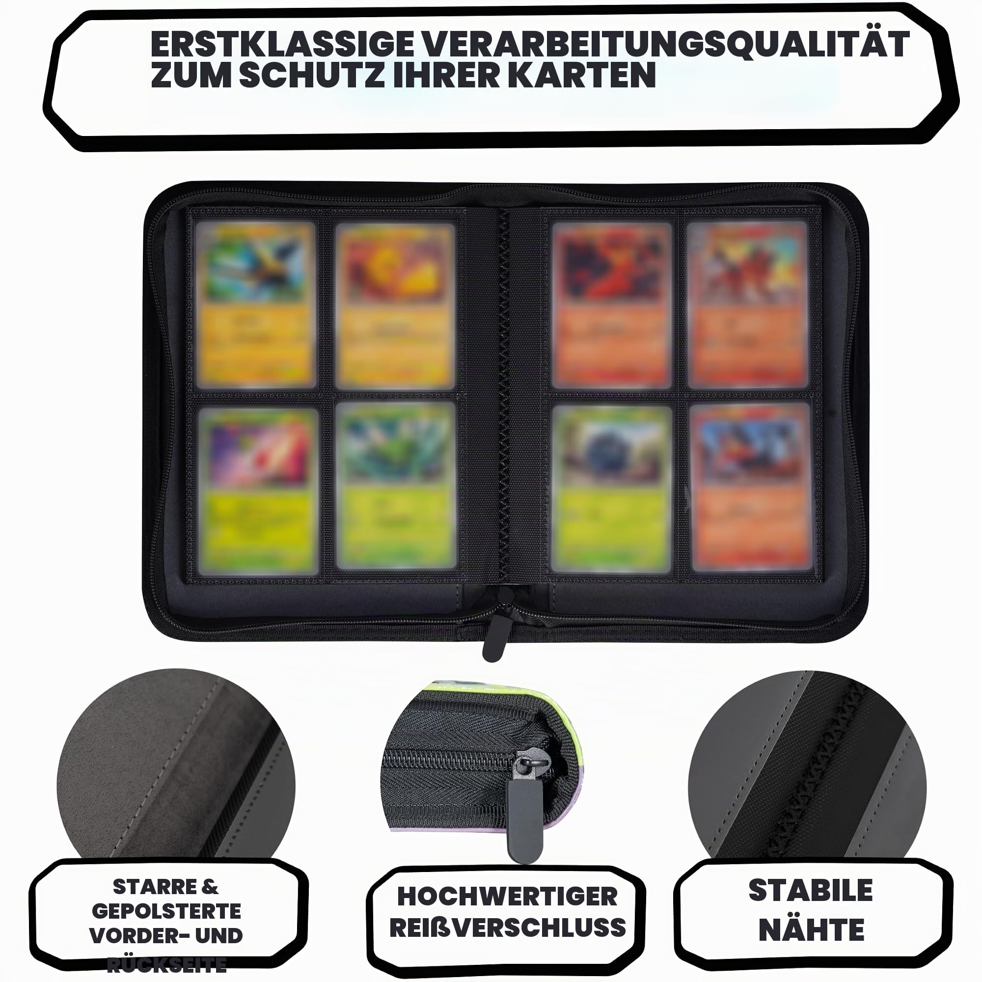 3D Sammelalbum für Pokemon Karten - Atemberaubendes 3D PKM Typen in PU-Leder mit Reißverschluss - Die Mappe/Heft enthält 4 Fächer für 160 Karten. A4 Sammelheft Album für Pokemon - Card Binder Klein 4