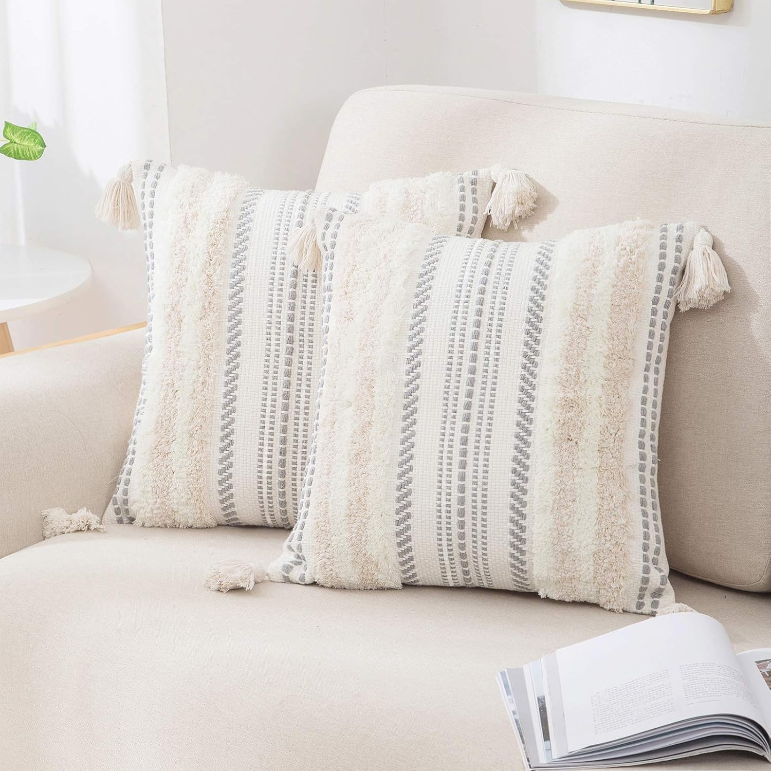 decorUhome Set of 2 Boho Decorative Throw Pillow Covers for Bed Bedroom Neutral Accent Cushion Cover Tufted Woven Pillow Case, 20x20, Beige: Home & Kitchen