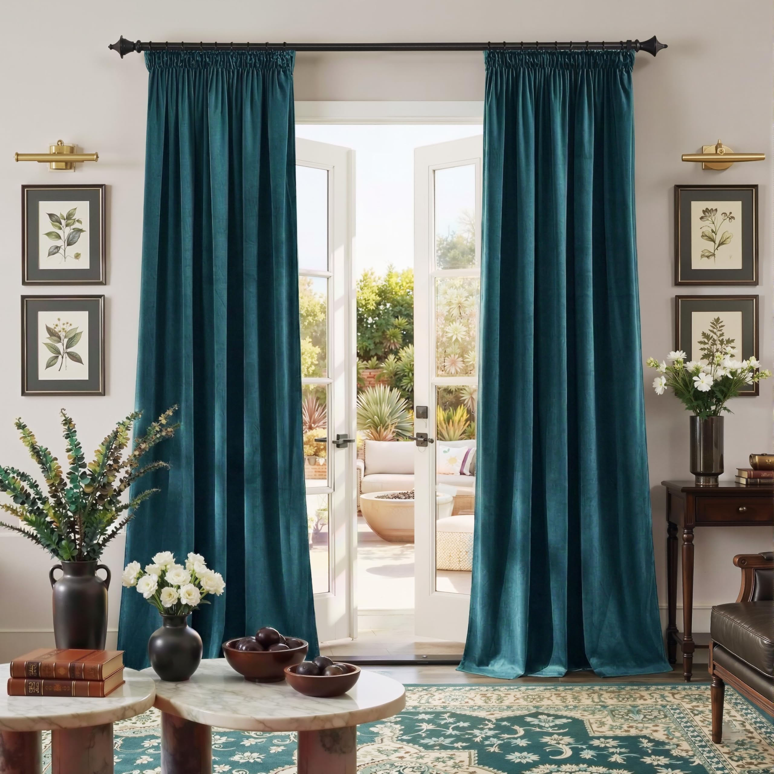 PONY DANCE Peacock Blue Velvet Blackout Curtains - Pencil Pleat & Rod Pocket Thermal Insulated Luxury Drapes for Living Room Bedroom, 52x84 Inches, 2 Panels — image 1