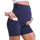 ENERFUL Women's Maternity Yoga Shorts Over The Belly Comfy Biker Workout Active Pregnancy Gym Short Pants with Pockets 8"/5"