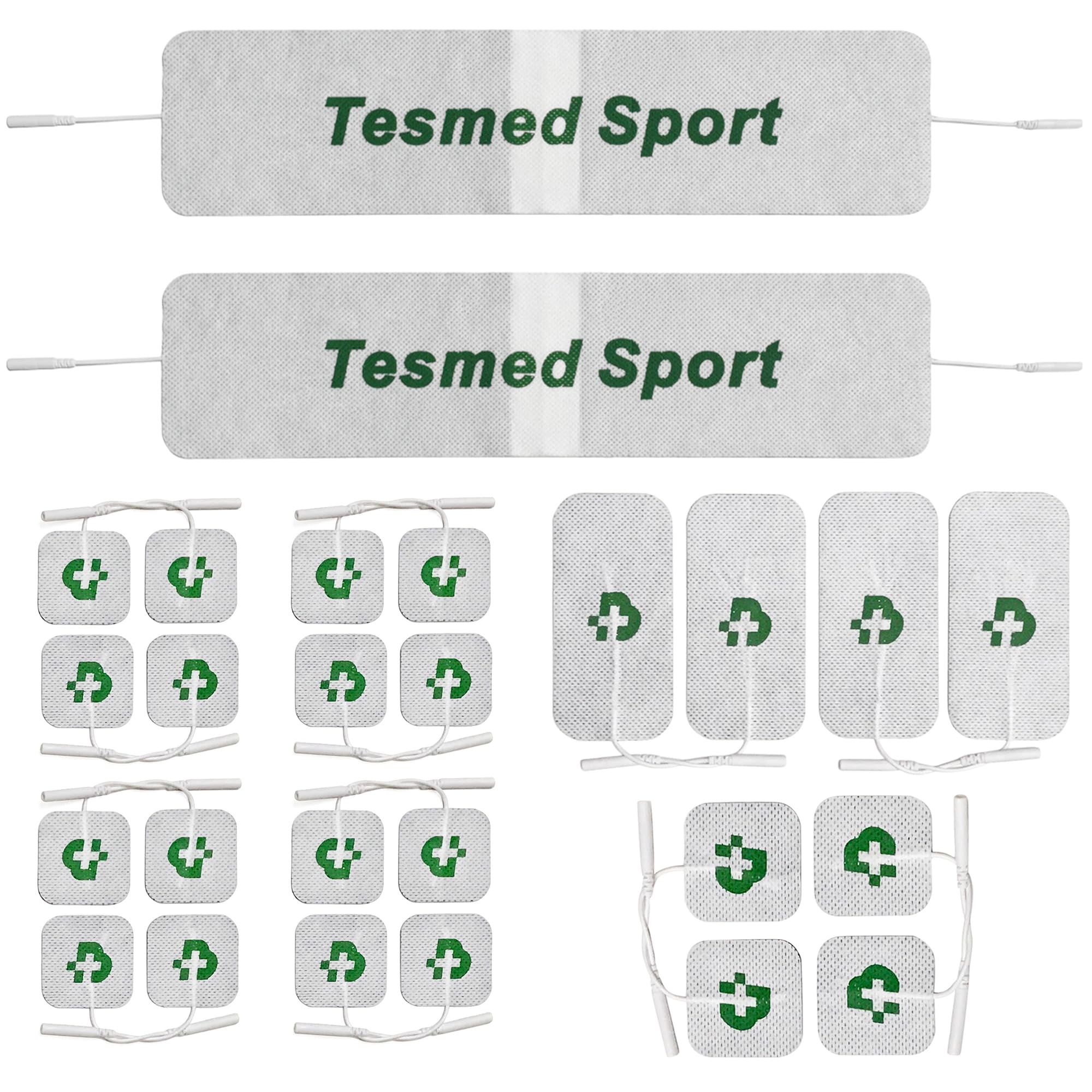 26 TESMED TOP EQUIPMENT electrodes, the best range for best results: 20 50x50 electrodes + 4 50x100 electrodes + 2 giant Tesmed Sport bands