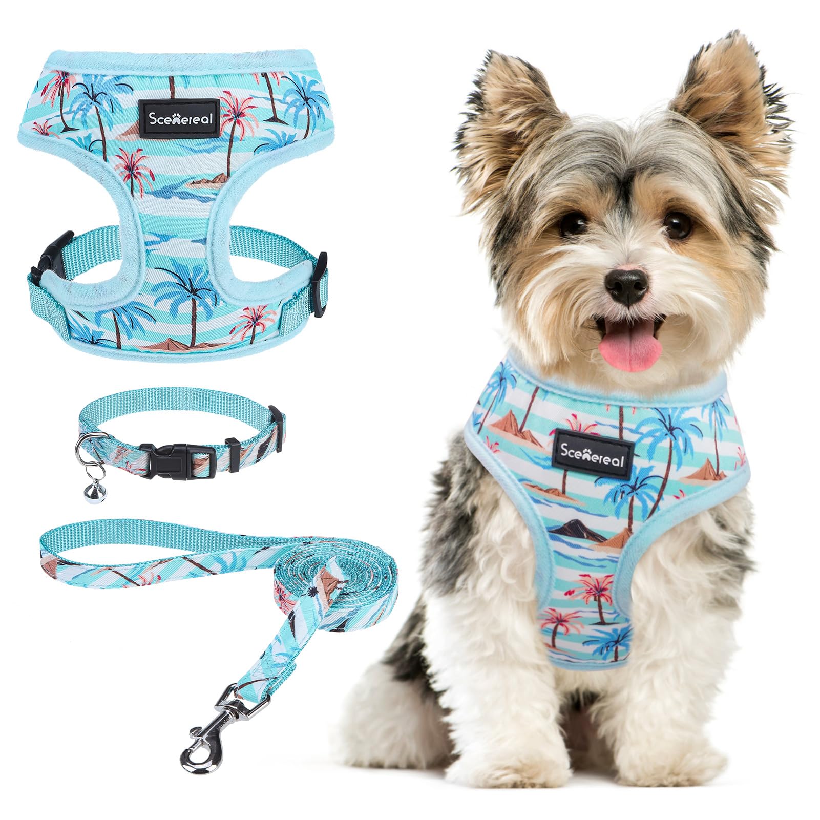 Photo 1 of SCENEREAL Small Dog Harness and Leash Collar Set - No Pull Dog Harness for Small & Medium Sized Dogs - Soft Mesh Vest for Puppies, Chihuahua, Yorkie, Spring Summer Hiking Walking, Coconut Tree XS