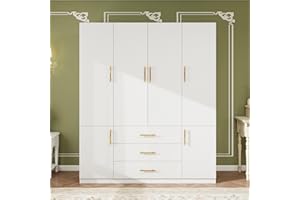 Keloyid Armoires Wardrobe Closet Wood: Large Wardrobe Closet 4 Door White Storage Cabinet with 3 Drawers, Shelves and 2 Hanging Rods for Hanging Clothes