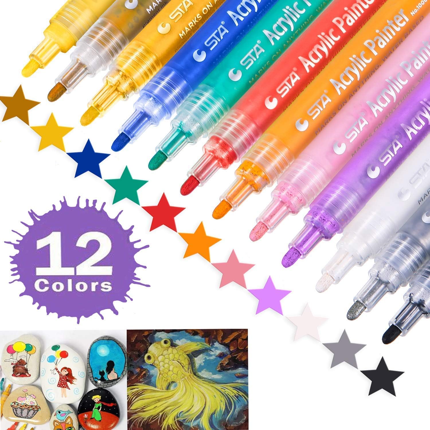 12 Colors Acrylic Paint Markers, Colorsky Permanent Acrylic Paint Marker Pens for Rock, Glass Painting, Ceramic, Wood, Canvas, Fabric, Photo Album, DIY Craft Projects, Medium Point