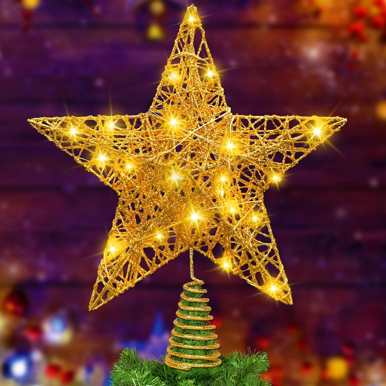 Tree Toppers - DULEFUN 11.8” Christmas Star Tree Topper with 20 LED Lights Xmas Gold Star Tree Toppers Metal Tree Ornament for Xmas New Year Holiday Home Office Indoor Tree Decoration