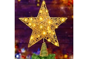 DULEFUN 11.8 Inch LED Star Tree Topper - Gold Metal Ornament with 20 Lights for Christmas Tree Decoration