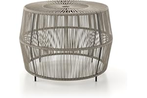 Muse & Lounge Co. Ysar Boho Rattan Round Coffee Table Outdoor with Metal Frame, All-Weather and Rust Resistant, Handcrafted Coastal Furniture for Patio, Poolside, Garden, Yard, Gray