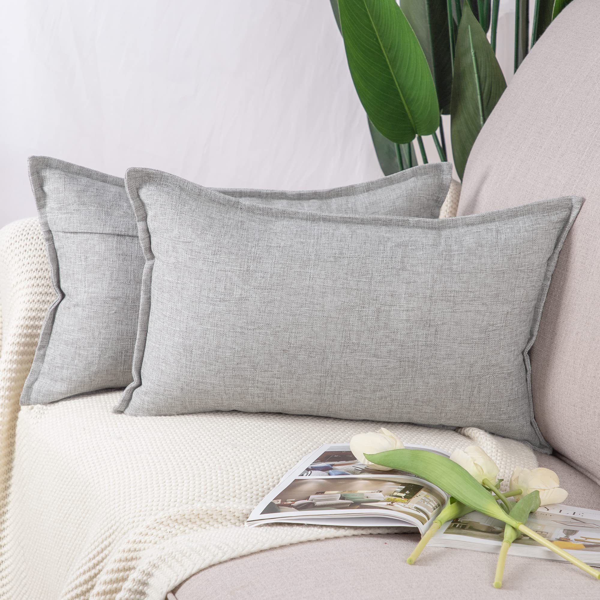 Madizz Set of 2 Faux Linen Cushion Covers 12x20 inch, 30x50 cm, Light Grey Soft Decorative Couch Pillows for Bed Pillowcases for Sofa Livingroom Home Decor