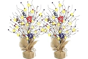 Agusbagli 2 Pack 4th of July Decorations, 18in Lighted Patriotic Tree with Red White and Blue Berries Star Shaped Rattan Ball Artificial Birch Tabletop Tree with Lights for Home Table Independence Day