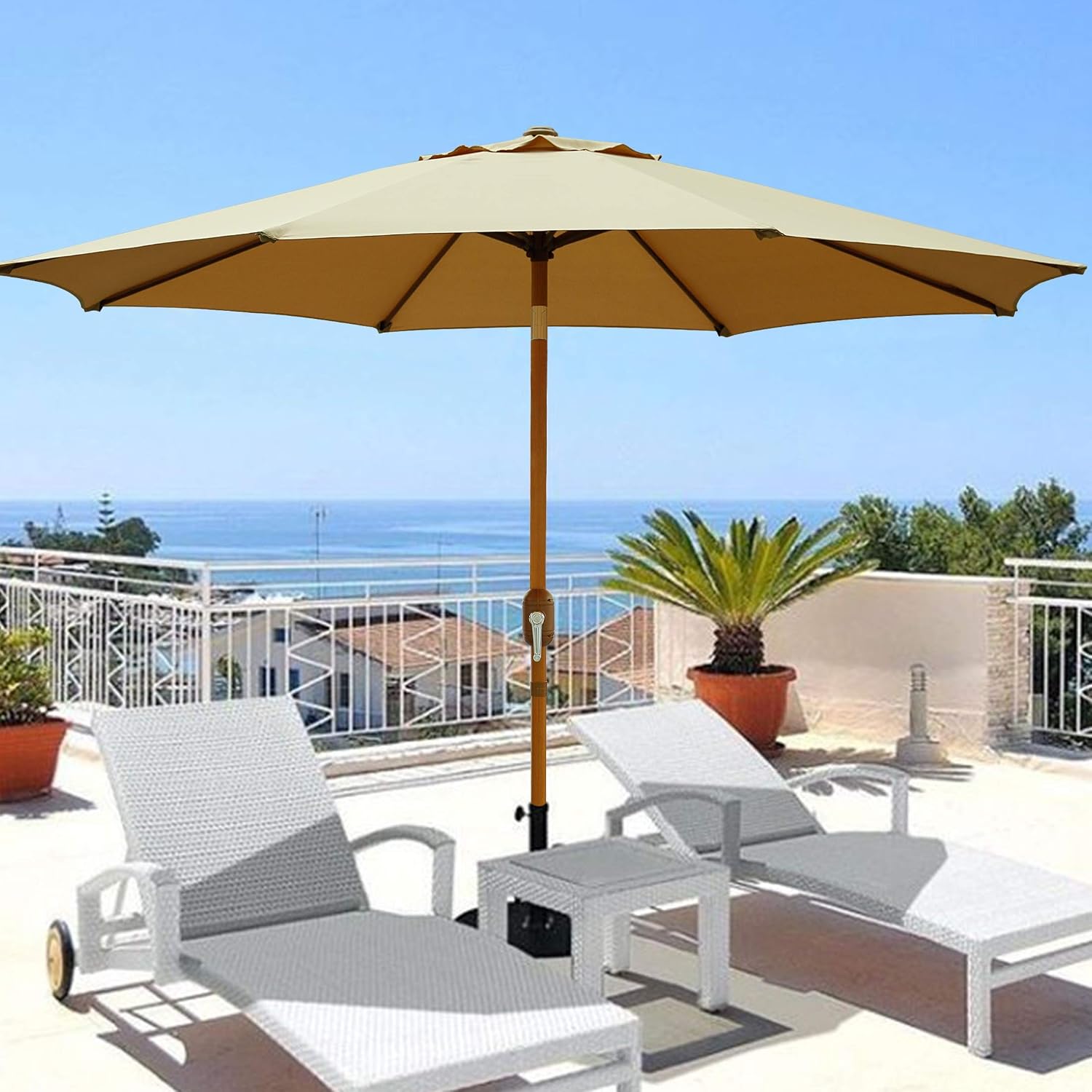 Blissun 9 Patio Umbrella Outdoor Market Table Umbrella With Push Button Tilt And Crank Wooden Coated Aluminum Pole 8 Ribs Tan Amazon In Garden Outdoors