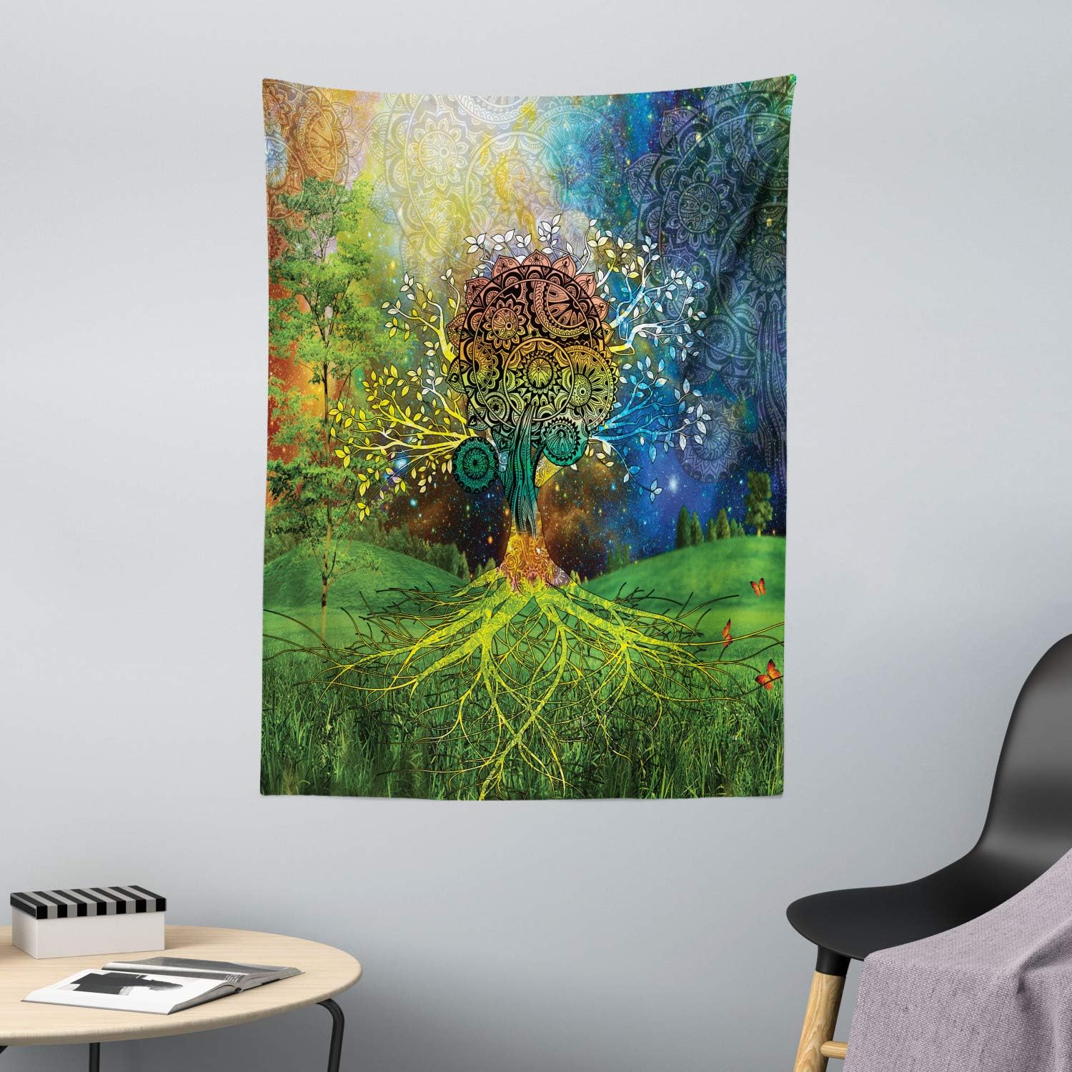 ABAKUHAUS Ethnic Tapestry, Tree in the Valley with Spiral Branch Balance in Mother Earth Zen Art Illustration, Fabric Wall Hanging Decor for Bedroom Living Room Dorm, 43 W X 58 L, Green Blue