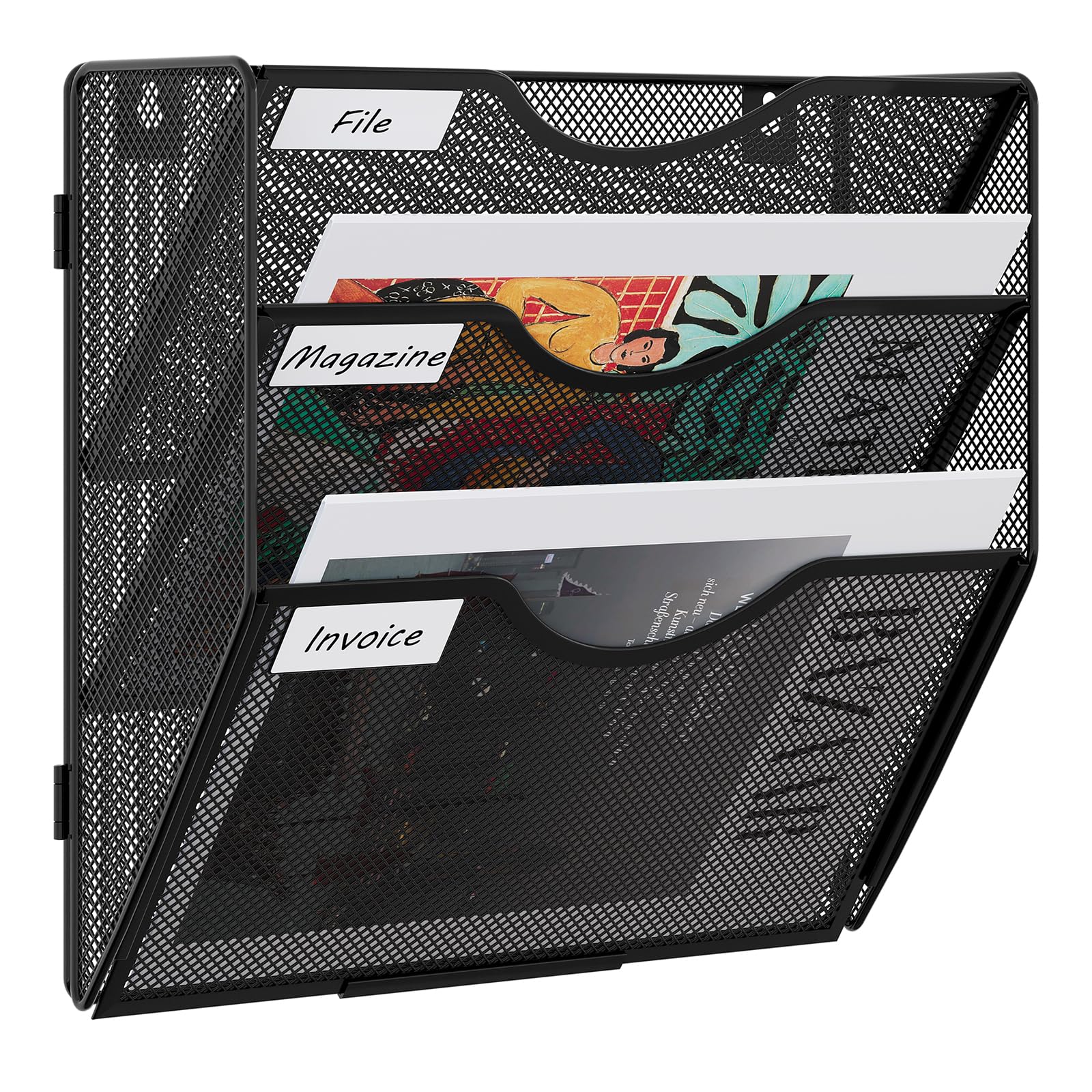 EasyPAG 3 Tier A4 Mesh in Tray Assemble Wall Pocket File Holder Hanging Mail Organiser Magazine Storage Rack,Black