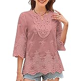 Falechay Womens Tops 3/4 Length Sleeve Eyelet Blouse Peasant Flowy Boho Top Hollow Out Embroidered Notch V Neck Shirts