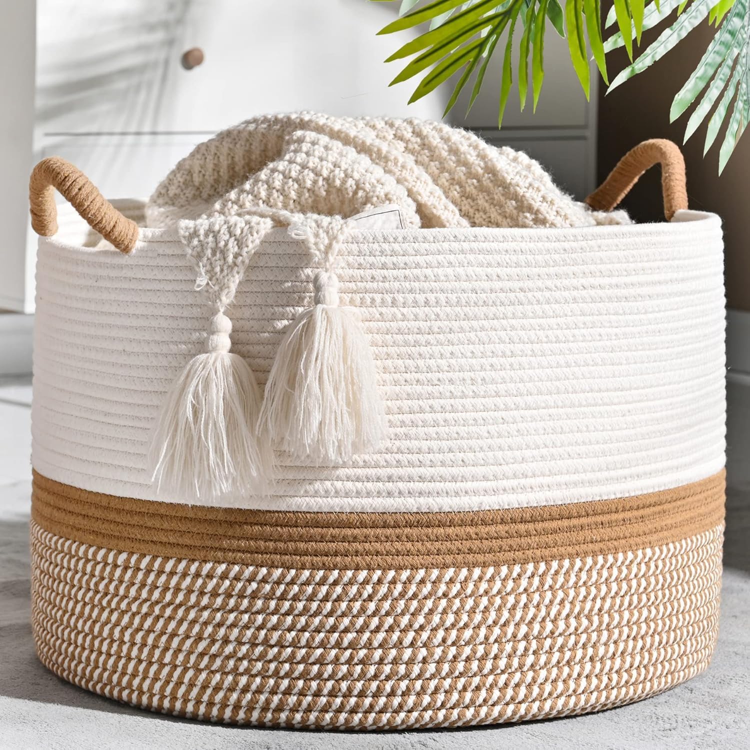 Photo 1 of KAKAMAY Large Blanket Basket (20"x13"),Woven Baskets for storage Baby Laundry Hamper, Cotton Rope Blanket Basket for Living Room, Laundry, Nursery, Pillows, Baby Toy chest (White/Brown)
