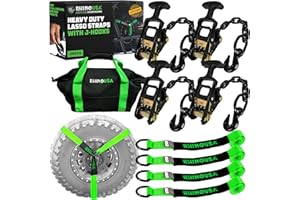 Rhino USA Car Tie Down Straps with J Hooks – 4 Pack 2" x8' – 10,000lbs Break Strength – Heavy Duty T-Handle Car Hauler Tire Lasso Wheel Straps for Trailers, UTV & Powersports – Green