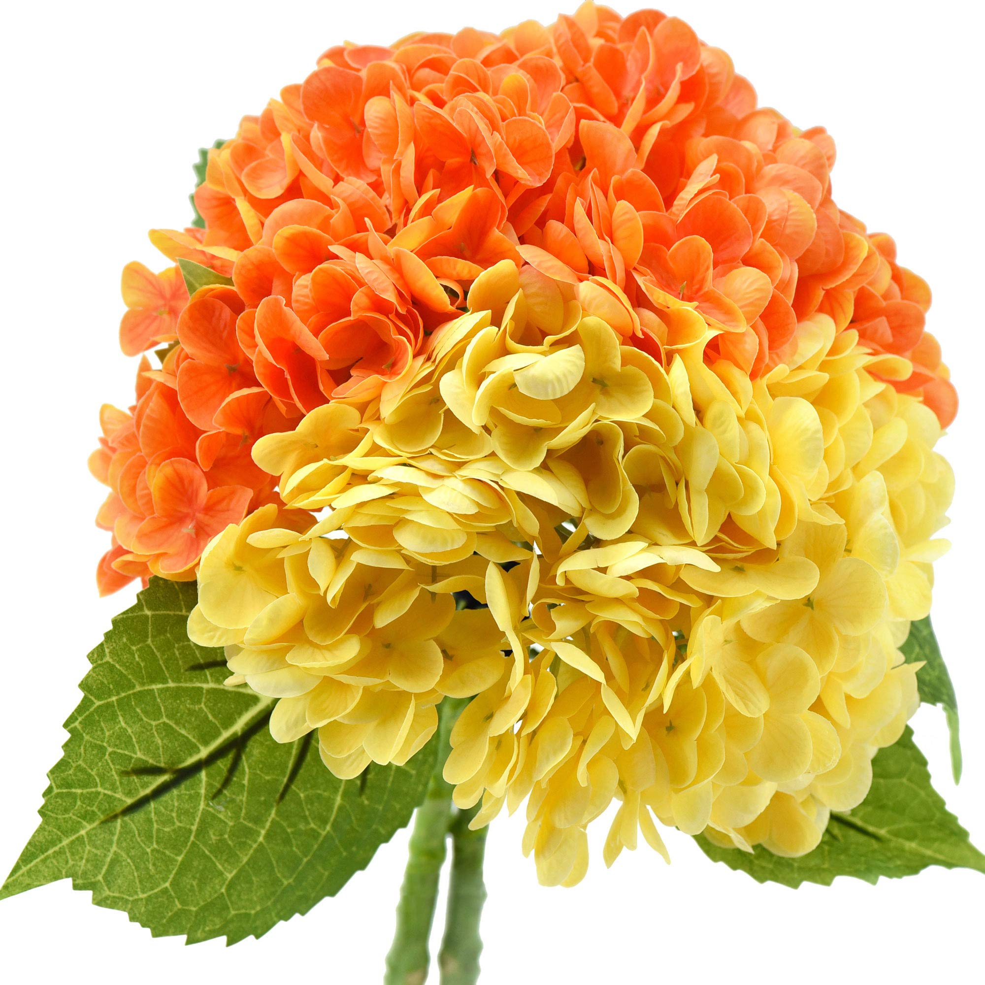 FiveSeasonStuff Real Touch Silk Orange Yellow Mix Hydrangea Flowers, 2 Large Long Stems Artificial Flowers for Floral Decoration Arrangements