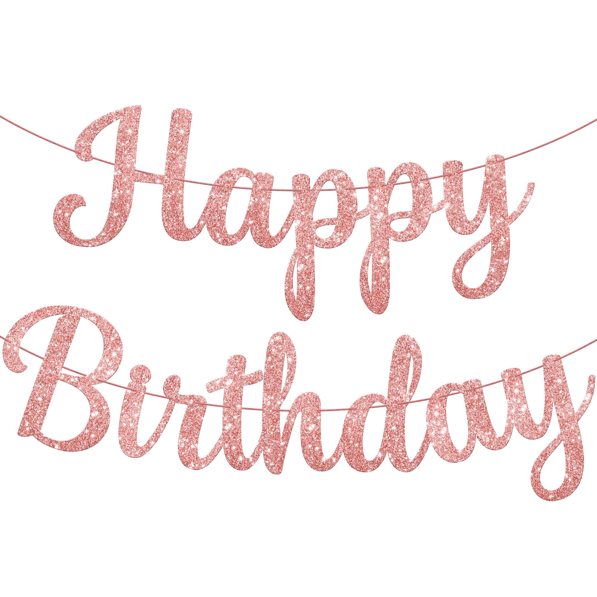 KatchOn Glitter Rose Gold Cursive Happy Birthday Banner - Pre-Strung 10 Feet, Happy Birthday Sign for Women and Girls Rose Gold Birthday Decorations