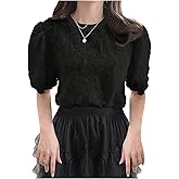 OYOANGLE Women's Textured Puff Short Sleeve Blouse Crew Neck Dressy Elegant Tops