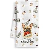 FISWAFY French Bulldog Christmas Kitchen Towels, Frenchie Gifts for Women Men Dish Tea Towels, French Bulldog Lovers Gifts Decorative Hand Towel for Kitchen Bathroom Decor, 16x24 Inch
