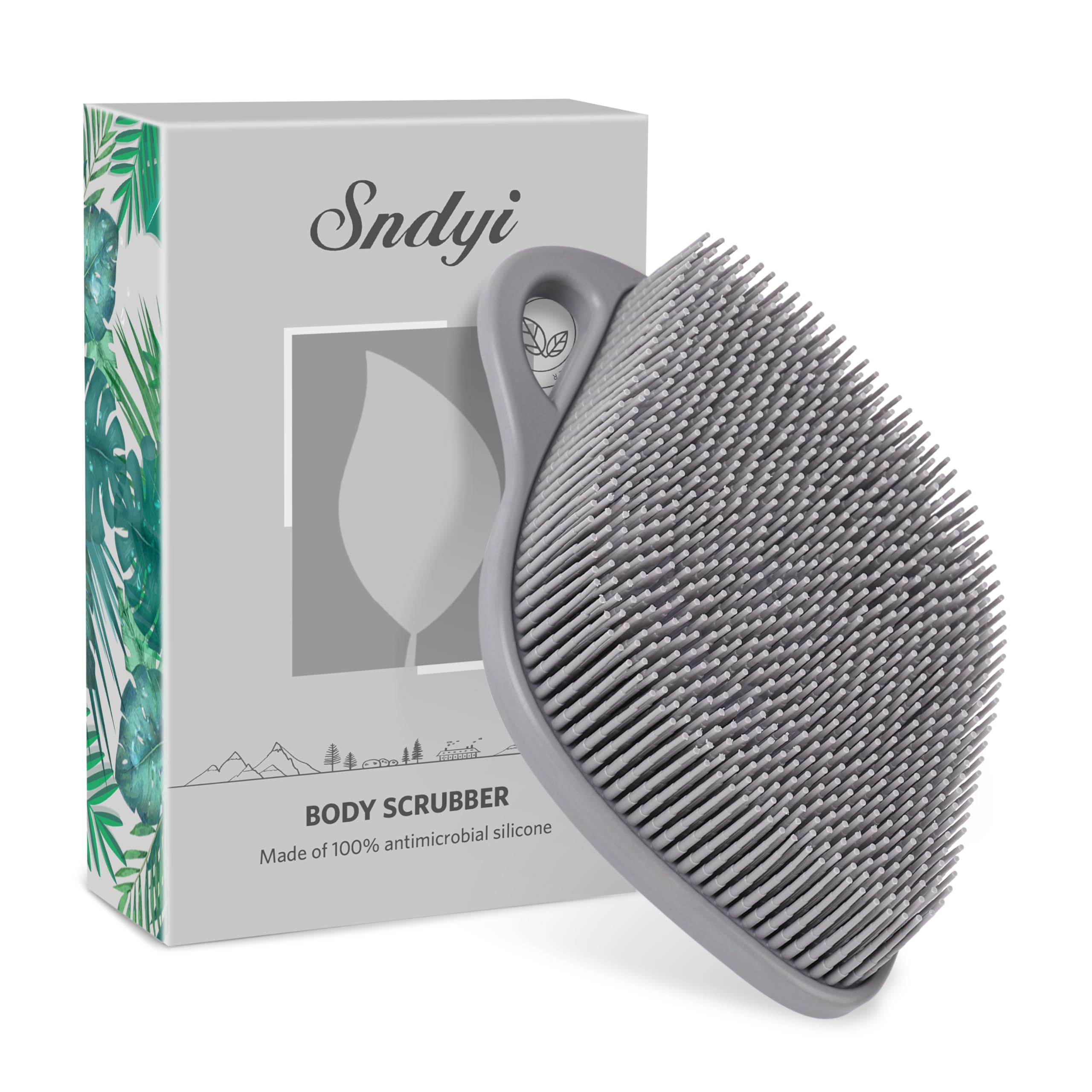 Sndyi Silicone Body Scrubber, Gentle Exfoliating Shower Scrubber for Sensitive Skin, Leaf Shaped Silicone Loofah Body Brush with Lathering Bristles, Gray