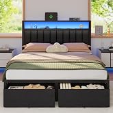 Furnulem Queen Bed Frame with Storage Drawers and Upholstered Headboard | Metal Platform Bed with Charging Station, LED Lights, 2 Tier Shelves, Fabric Drawers. No Box Spring Needed, Noise Free, Grey