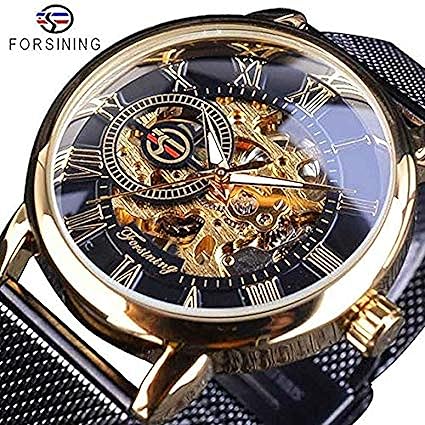 Forsining Retro Roman Number Transparent Men Mechanical Skeleton Watch (Golden Black)