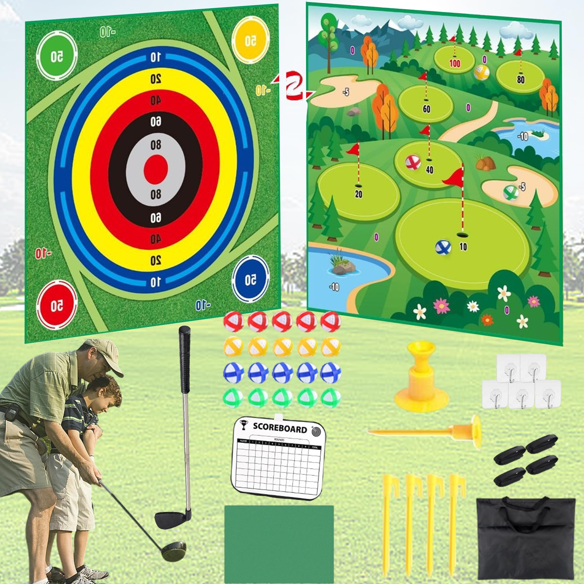 SYXLS Double Sided Golf Set, Golf Chipping Game Mat With Club, Golf Hitting Mat With 20 Balls, Play Equipment Stick Chip Golf Set Backyard Game, Golf For Kids, Outdoor Indoor Sports
