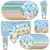 142Pcs Blue Axolotl Party Supplies Tableware-Plates-Napkins-Cups-Cutlery and Tablecloth Blue Axolotl Theme Birthday Party Decoration for 20 Guests