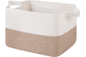 OIAHOMY Woven Storage Basket for Shelves, Rectangle Cotton Rope Baskets for Organizing, 13 x 10 x 9 in, Storage Bins for Dog Toys,Towel,Books,Gift,Brown and White