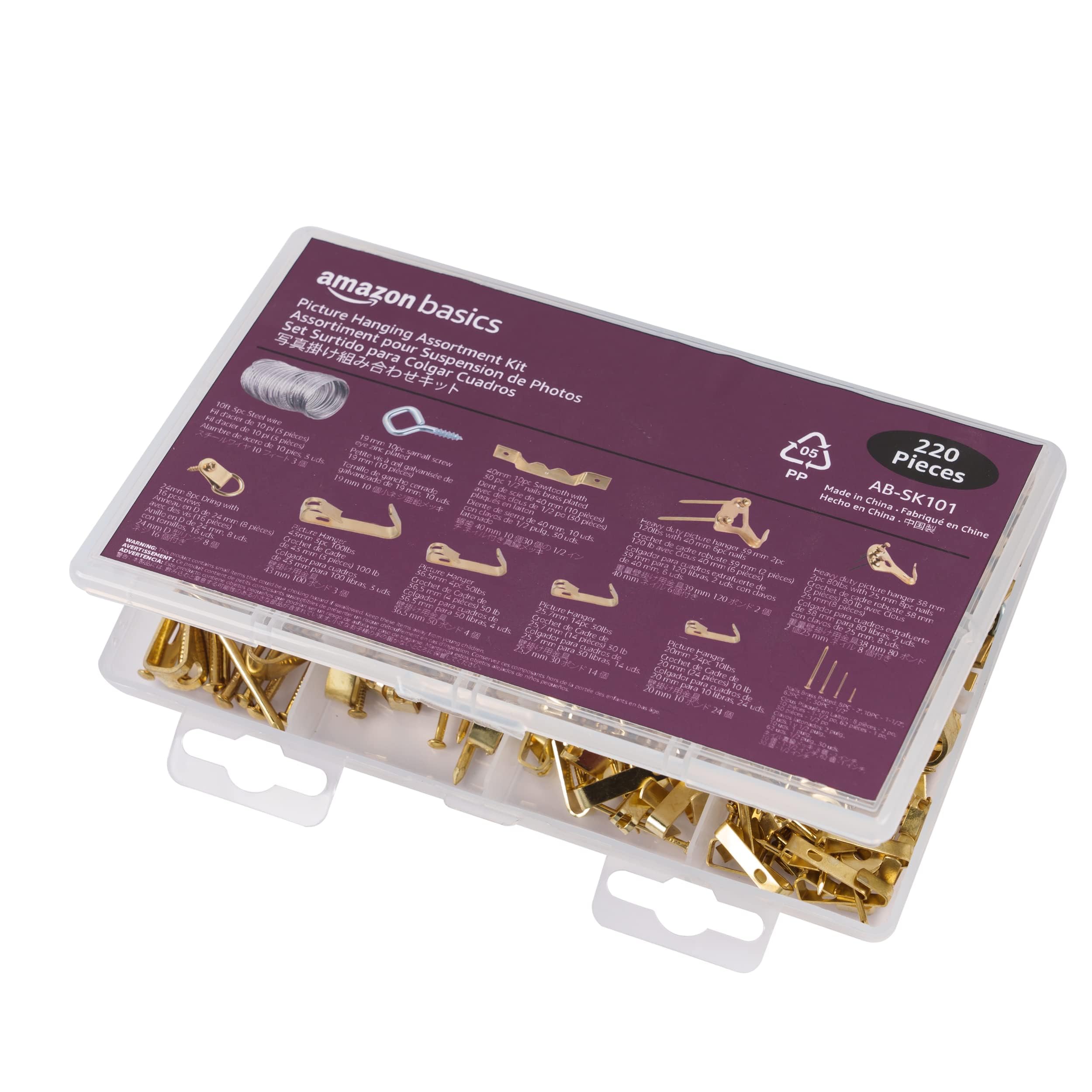 Amazon Basics Picture Hanging Hardware Assortment Kit, 220 Piece Set, Brass