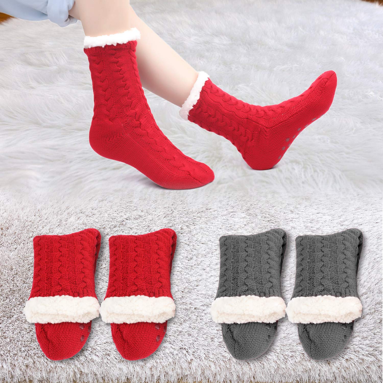 2 Pairs Women Fleece Lined Socks Cozy Fuzzy Winter Twist Slipper Socks with Gripper