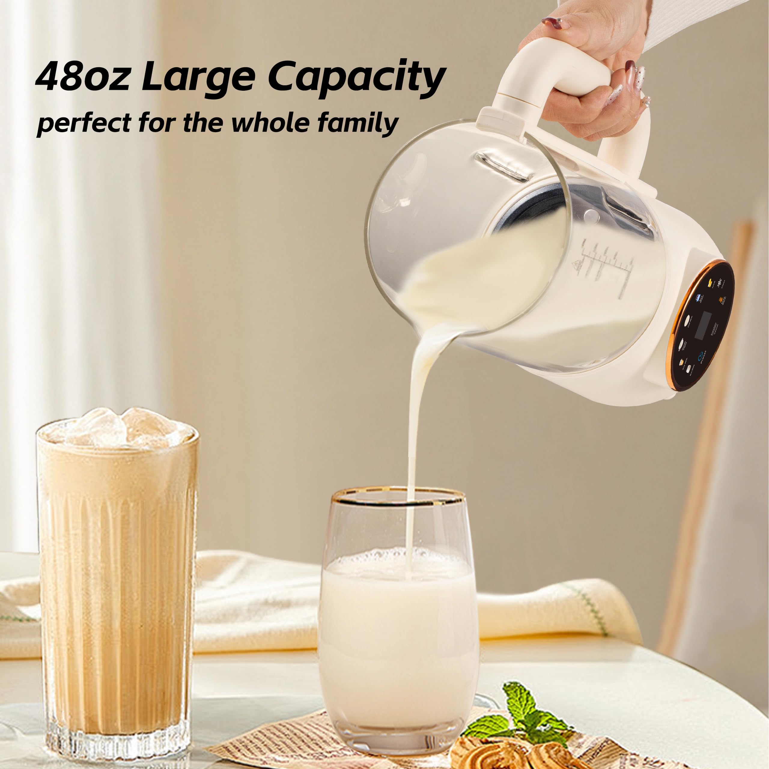 Máquina para hacer leche de nueces 8 en 1, 48 oz de almendras caseras, avena, soja, coco, bebidas a base de plantas y no lácteas con autolimpieza, hervir agua, inicio diferido, mantener caliente, licuadora de 16 hojas, frasco de vidrio