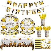 Cecnamt Construction Birthday Decorations, 170 Pcs Construction Birthday Party Supplies Including Banner, Plates, Cups, Napkins, Cutlery and Tablecloths, Serves 24