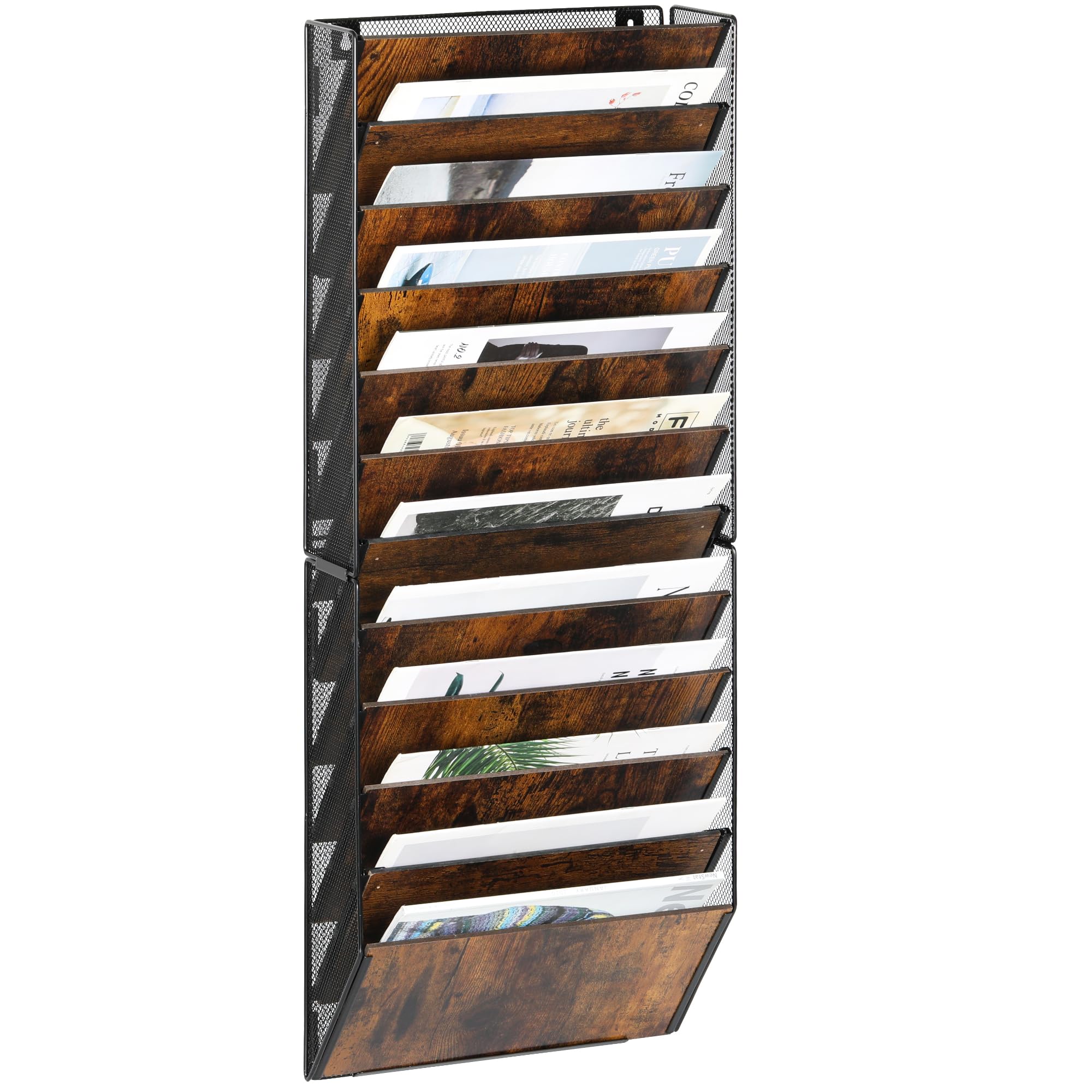 TQVAI 12 Pockets Wall File Organiser Wood Magazine File Holder A4 Paper Document Storage Desk Accessories Stationery Supplies for Office Home School, Black/Antique