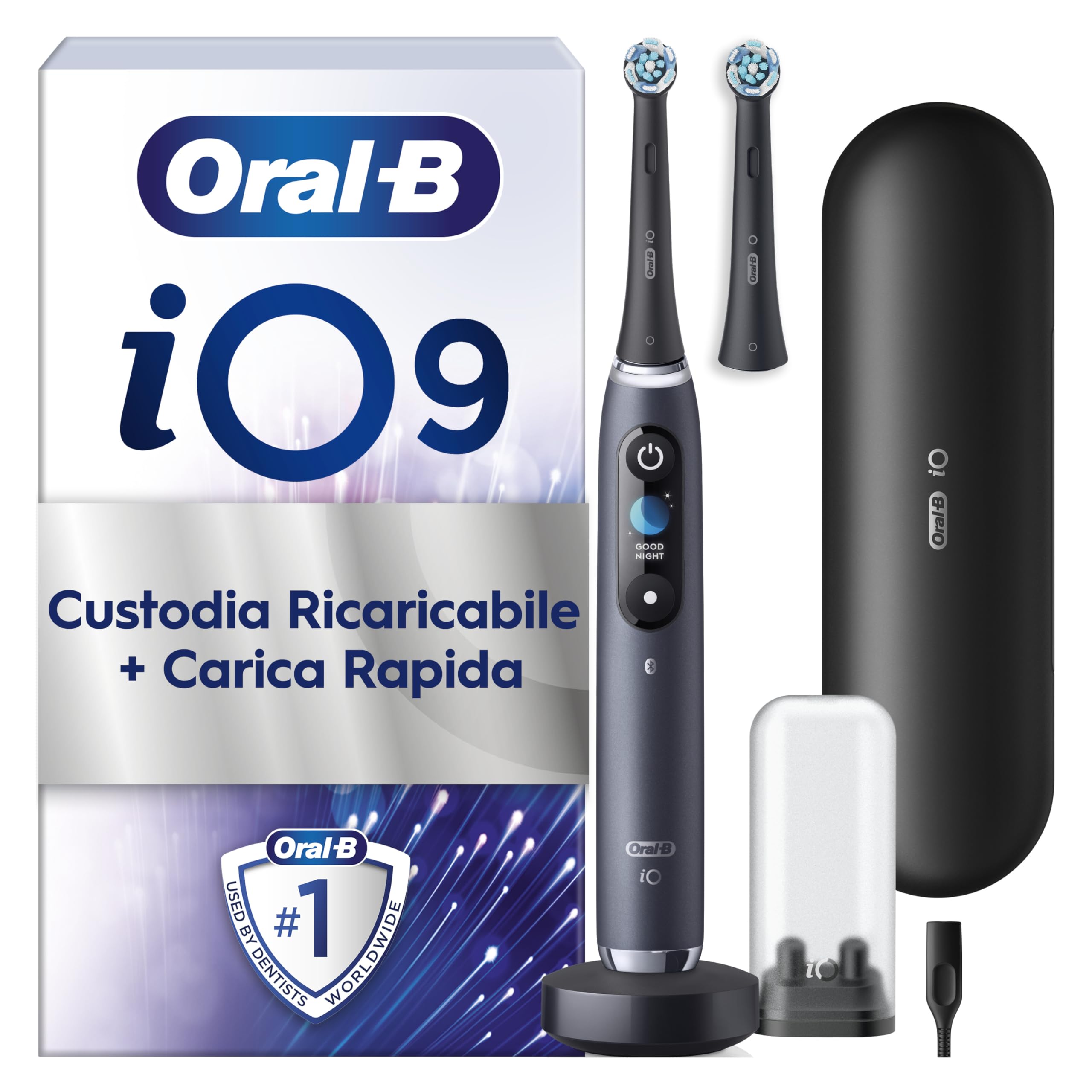 Oral-B Spazzolino Elettrico Ricaricabile iO 9 Nero Edizione Limitata, 1 Spazzolino Elettrico Oral B, 1 Testina Di Ricambio, Custodia Da Viaggio, Astuccio Magnetico. Pulizia Denti Efficace