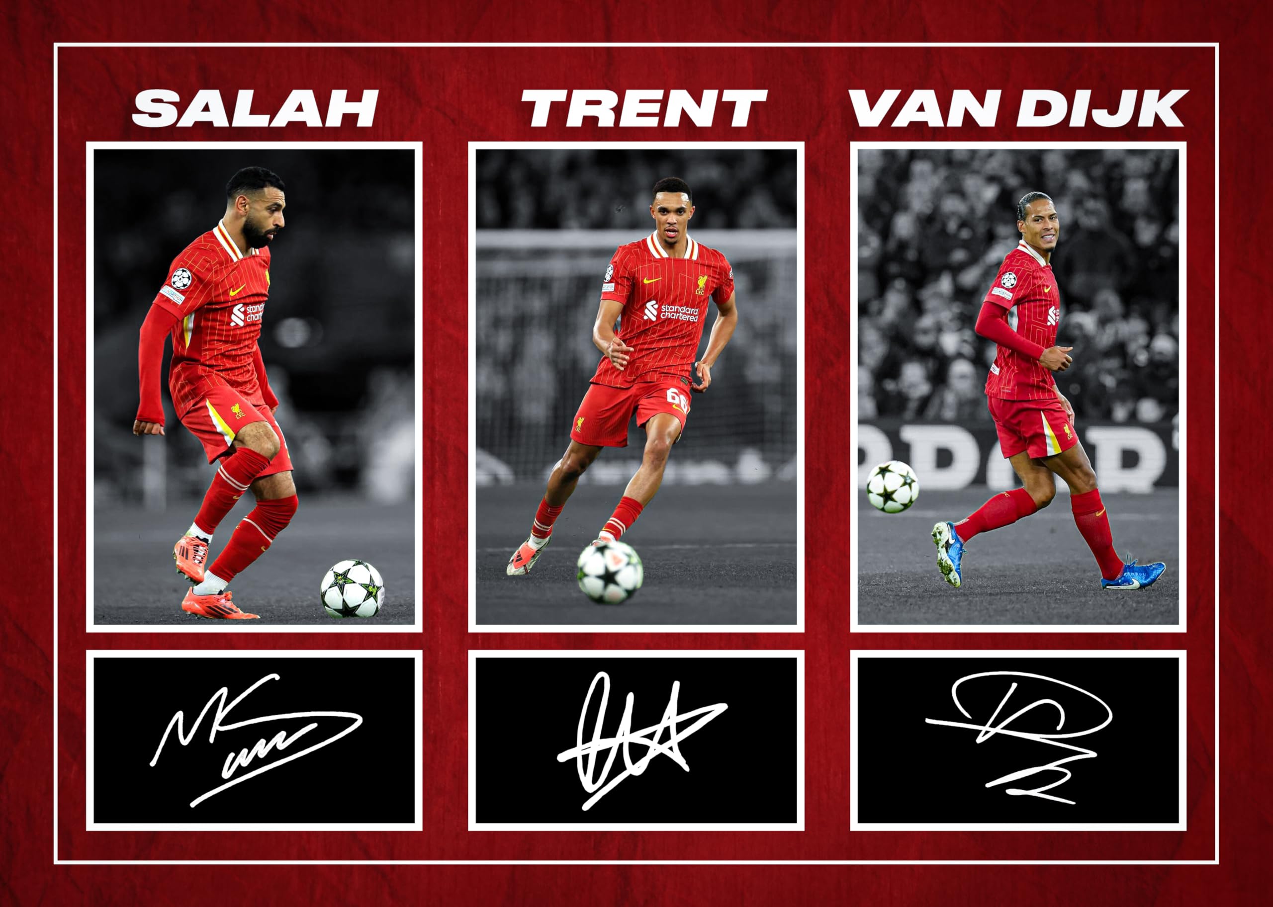 Mo Salah, Virgil Van Dijk & Trent Alexander Arnold - Liverpool Football Players Signed A4 Montage Autograph Photo Print With Pre Printed Signatures That Would Make A Superb Gift For Any Fan.