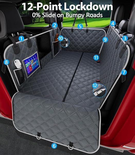 PETGENIE DOG CAR SEAT COVER FOR BACK SEAT 10-LAYER MILITARY-GRADE PROTECTION, HARD BOTTOM DOG HAMMOCK, PET BED EXTENDER FOR DOGS, WATERPROOF SEAT PROTECTOR UNIVERSAL XL SIZE FITS FOR SUV MEDIUM TRUCK