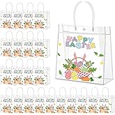 Aliceset 24 Pcs Happy Easter Gift Bags Bulk Colorful Easter Clear PVC Gift Bags with Handle Reusable Eggs Bunny Goodie Candy Tote for Egg Hunt Party Supplies (bunny Ear, 9.84"x 9.84"x 3.54")