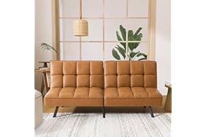 Hcore Convertible Faux Leather Futon Sofa Bed, 71" Inch Memory Foam Futon Small Splitback Loveseat Sleeper Folding Sofa Cama with Adjustable Backrest for Living Room,Office,RV,Apartment,Saddle Brown