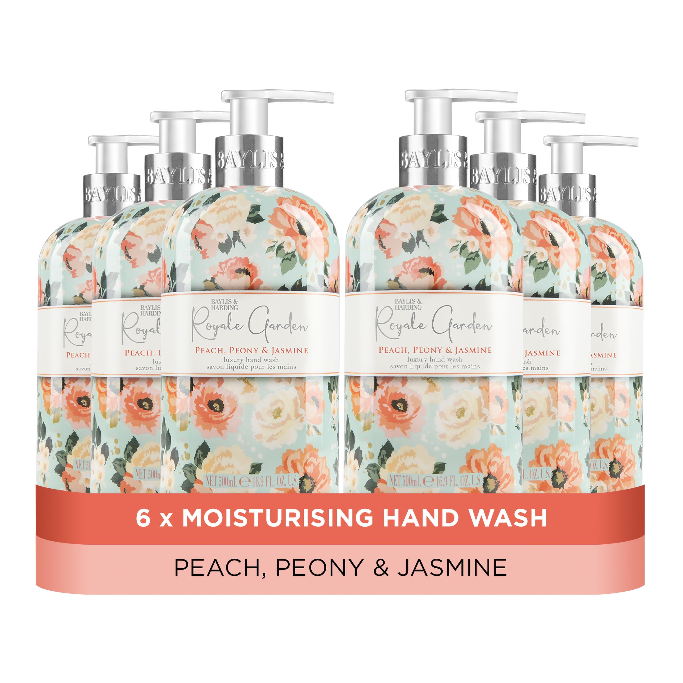 Baylis & Harding Royale Garden Peach Peony & Jasmine Hand Wash, 500 ml (Pack of 6) - Vegan Friendly