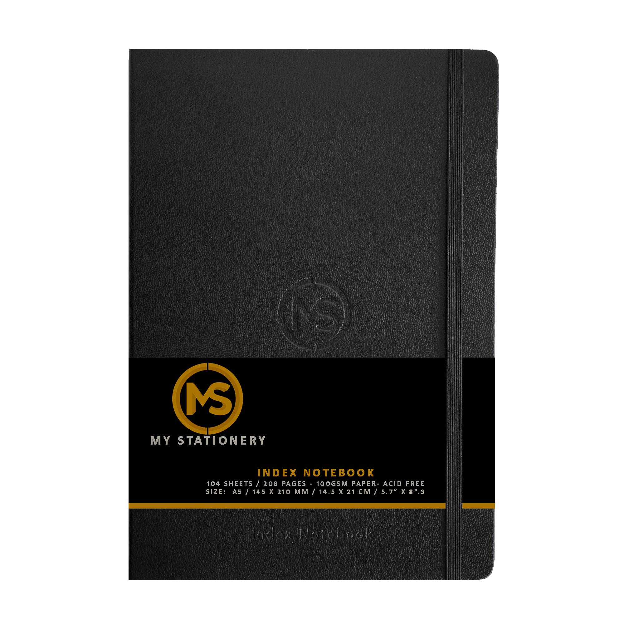 MS MY STATIONERY A5 Index Notebook Hardback Leatherette Cover 8mm Ruled Margin A-Z Tabs 264 Pages 100 GSM White Paper - Black Cover