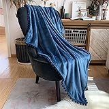 LOMAO Flannel Blanket with Pompom Fringe Lightweight Cozy Bed Blanket Soft Throw Blanket fit Couch Sofa Suitable for All Season (51x63) (Aegean Blue, 51''x 63'')