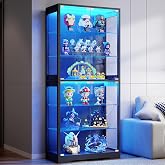 BROTTAR 71" Tall Display Cabinet with Glass Door and 3-Color Lights, Black | 6-Tier Curio Cabinet for Collectibles, Display Case with Adjustable Glass Shelves, Human Body Sensor, Storage Cabinets