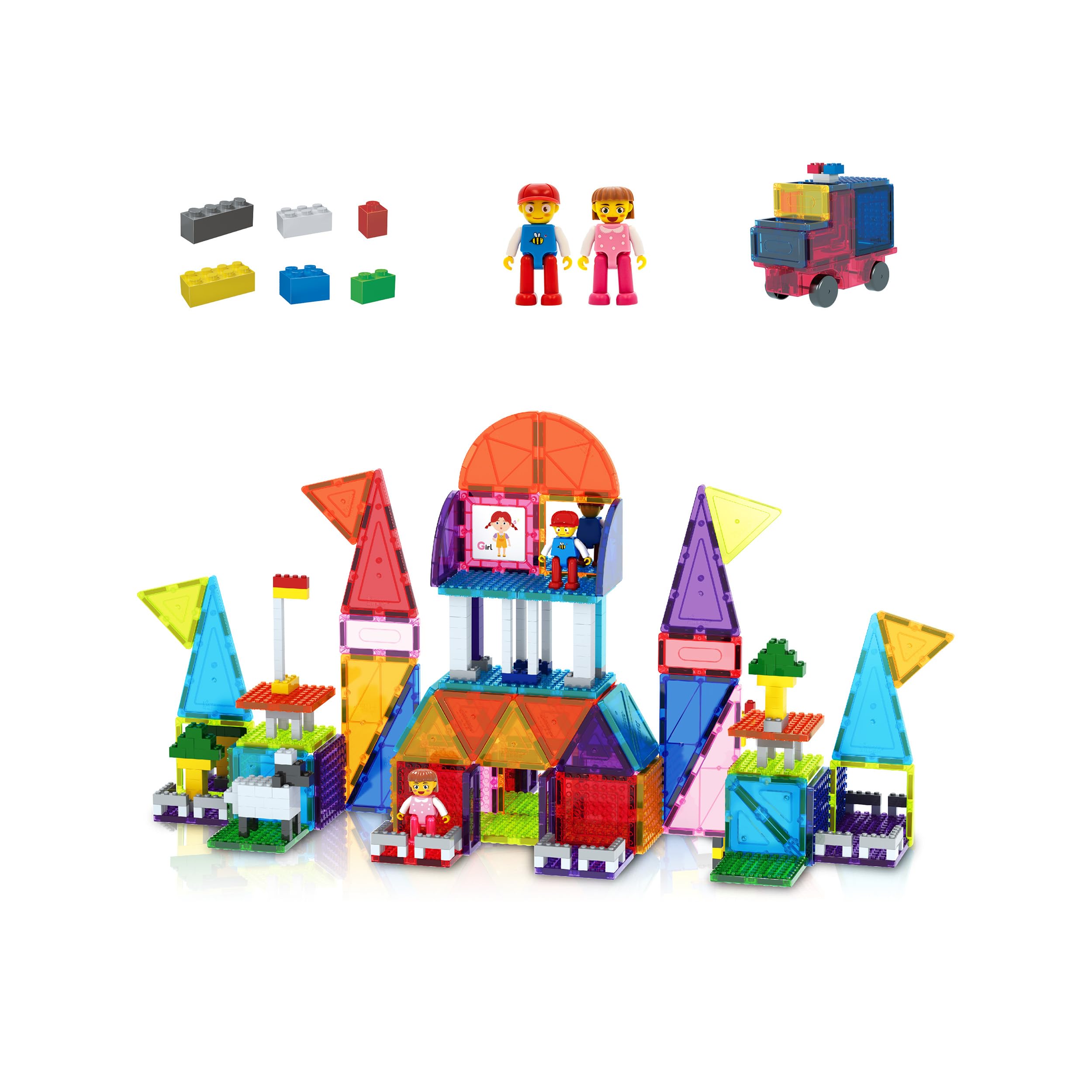 PicassoTiles 333pcs Magnetic Brick Tile and Magnetic Tile Combo Set, Action Figures included, Building Blocks STEM Toys, Educational Montessori Preschool Toddler classroom learning toys, Kids activity Image