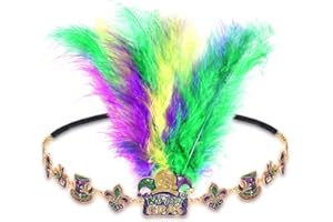 HZEYN Mardi Gras Headband with Feather, Glitter Crown Mask Fleur De Lis Stretch Headbands Hair Band Party Costume Headwear Hair Accessories