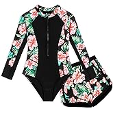 HOZIY Girls Rash Guard Swimsuit 2 Piece Long Sleeve One Piece Front Zipper UPF 50+ Bathing Suits with Swim Shorts 6-14 Years