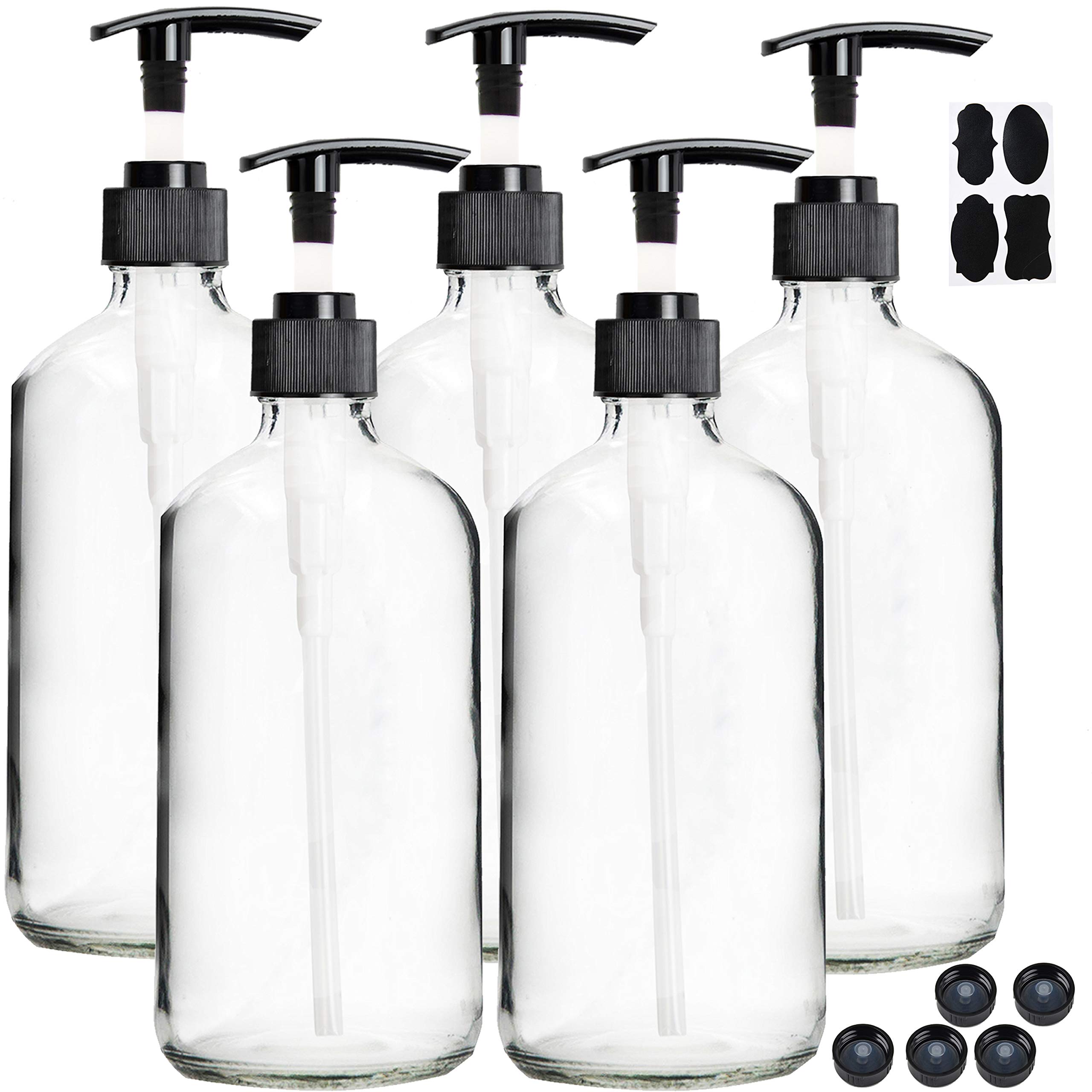 Youngever 5 Pack Empty 250ML Clear Glass Pump Bottles, 8 Ounce Lotion Pump Bottles, Soap Dispenser, Refillable Containers for Essential Oils, Cleaning Products, Lotions, Durable Black Pumps