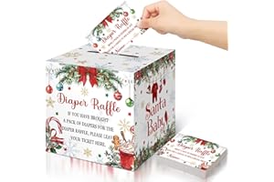 Teling 51 Pieces Diaper Raffle Tickets with Card Box Baby Shower Decorations Gender Reveal Holder Box for Girl Boy Diaper Raffle Party (A Santa Baby is on the Way)