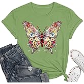 Butterfly T-Shirts for Women - Butterfly and Flowers Print Casual Short Sleeve Top for Insect Lovers