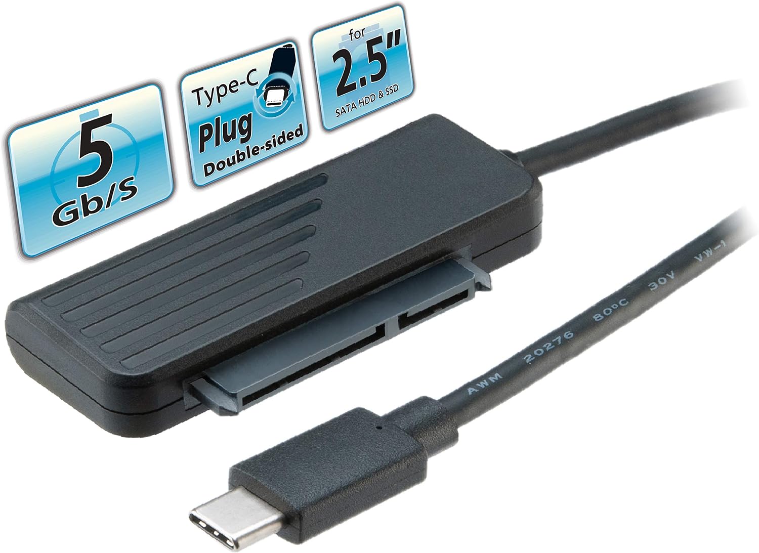 Akasa USB 3.1 Gen 1 Adapter Cable for 2.5" SATA SSD & HDD, Black, 20cm
